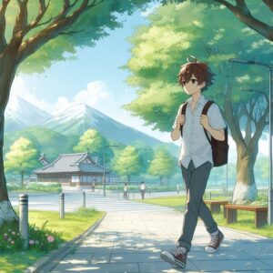 公園の道をウォーキングする男の子